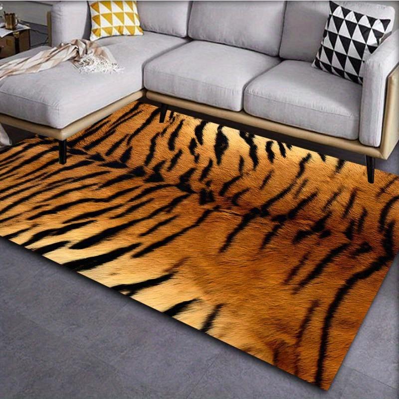 Extra Large Tiger Fur Mat Tiger Stripe Pattern Golden Brown Black Non Slip Backing Machine Washable Living Room Entryway Bedroom