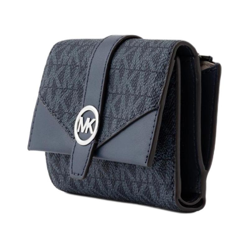 MICHAEL KORS Greenwich Metal Logo Tri-Fold Coated Canvas Wallet Medium Unisex Couple Navy Blue
