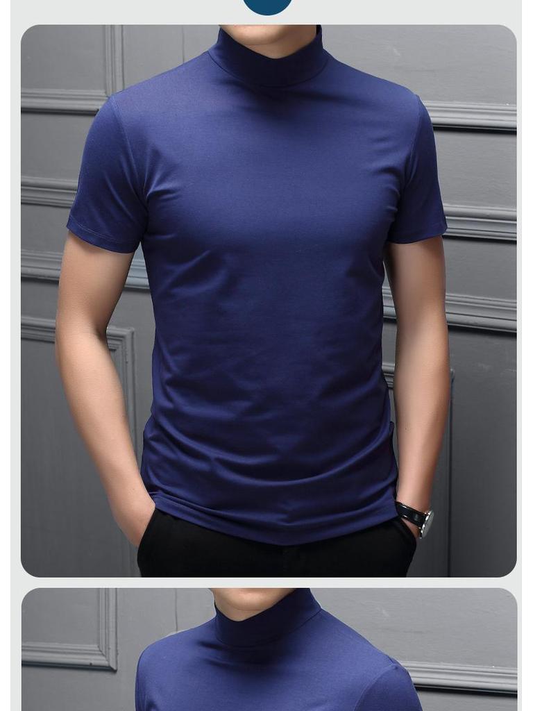 Men's Spring/Summer Milk Silk Turtleneck T-Shirt - Slim Fit, Solid Color, Short Sleeve