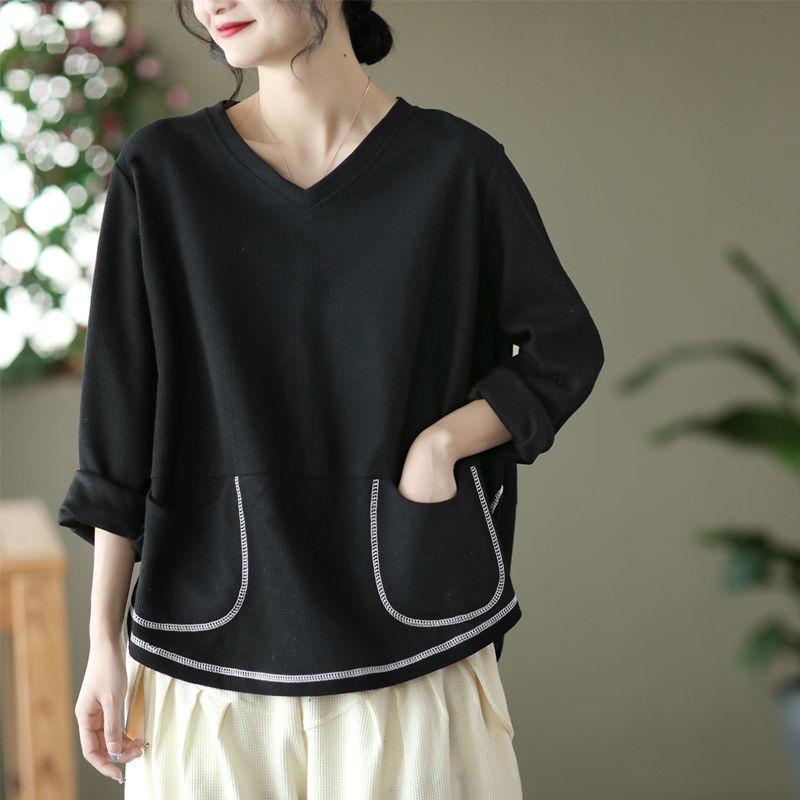 

Литературная мода вафельный повседневный свитер весенний свободный V-образный вырез с длинными рукавами пуловер футболка XS чёрный