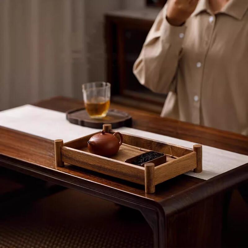 Retro Walnut Wood Tea Tray with Storage