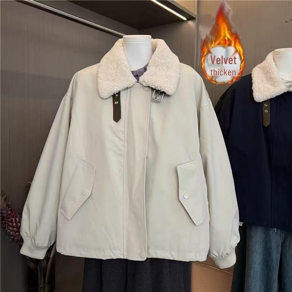 Korean Style Fleece-Lined Lamb Wool Stand Collar Jacket for Women - Autumn/Winter