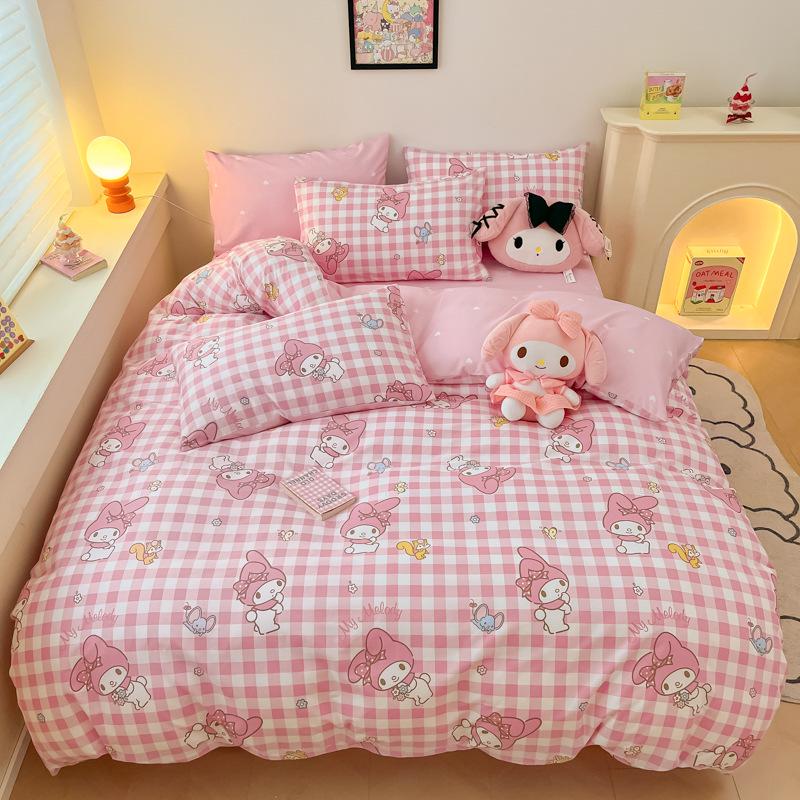 Hello Kitty All-Cotton Cute Cartoon Girl Fitted Sheet & Duvet Set - 4-Pc Dorm Style