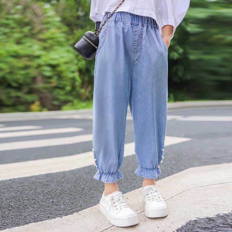 Mumu House Girls' Tencel Denim Summer Cropped Anti-Mosquito Jeans