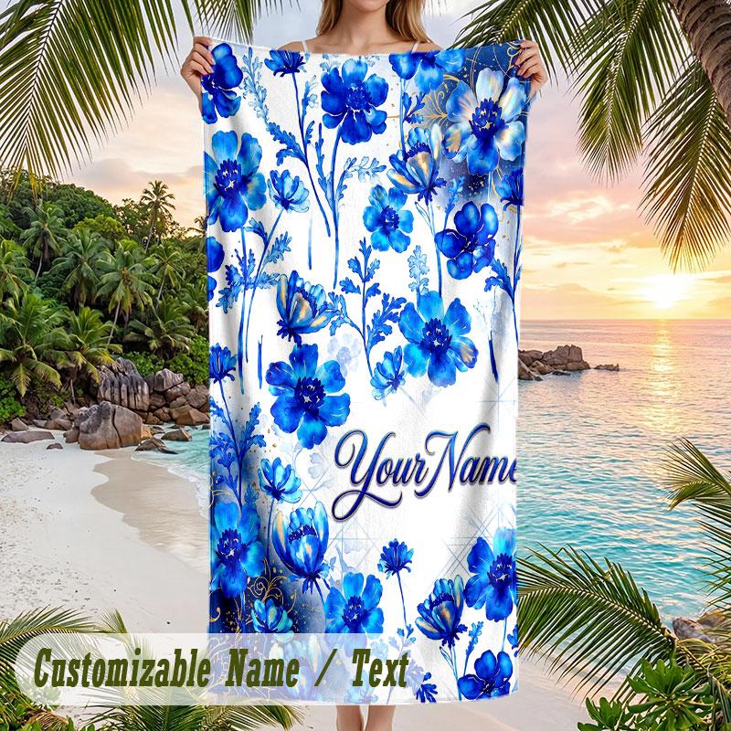 Blue Floral Elegance 1 Theme Quick Dry Beach Towel Custom Name Text Print Large Sand Resistant Towel Beach Vacation