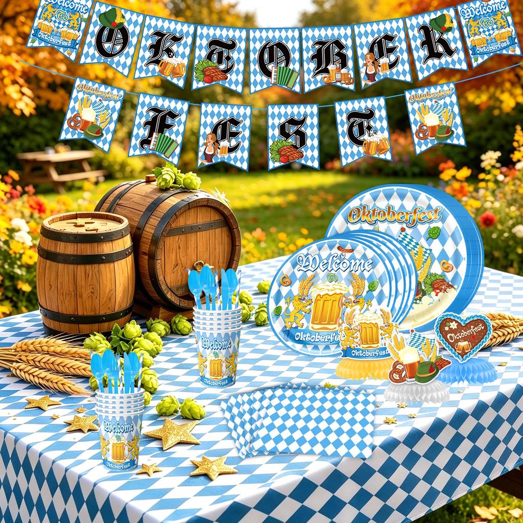 Germany Oktoberfest Party Set: Tableware, Banner, Balloons, Honeycomb Decorations
