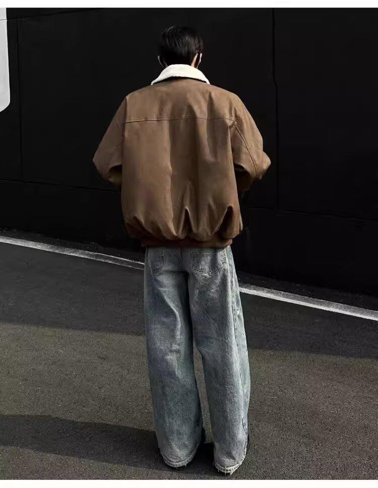 Men's Retro Tie-Dye Lamb Wool One-Piece Coat with Velvet Thickened, Turn-Down Collar, and Leather Accents