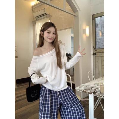 Slanted Off-shoulder Long-sleeved T-shirt for Women's Spring and Autumn Loose Inner Bottoming Shirt Top