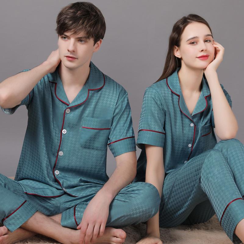 2022 Summer Ice Silk Couple Pajamas Set - Short Sleeve & Long Pants for Men & Women