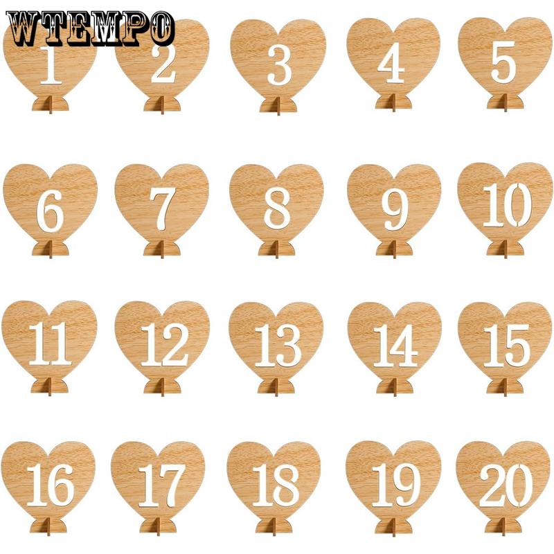 WTEMPO Wedding Heart Shaped Design Table Seat Numbers 1-20 with Holder Base Hollow-out Card Holders Festive Parties Seating Cards