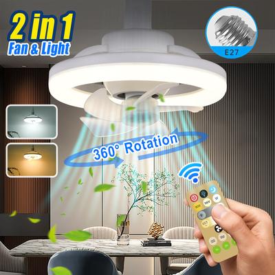 Stropní ventilátor se světlem 360° s otočnou hlavou, E27, s dálkovým ovládáním, nastavitelný LED ventilátor, stropní ventilátorový lustr do obývacího pokoje, 85V-265V