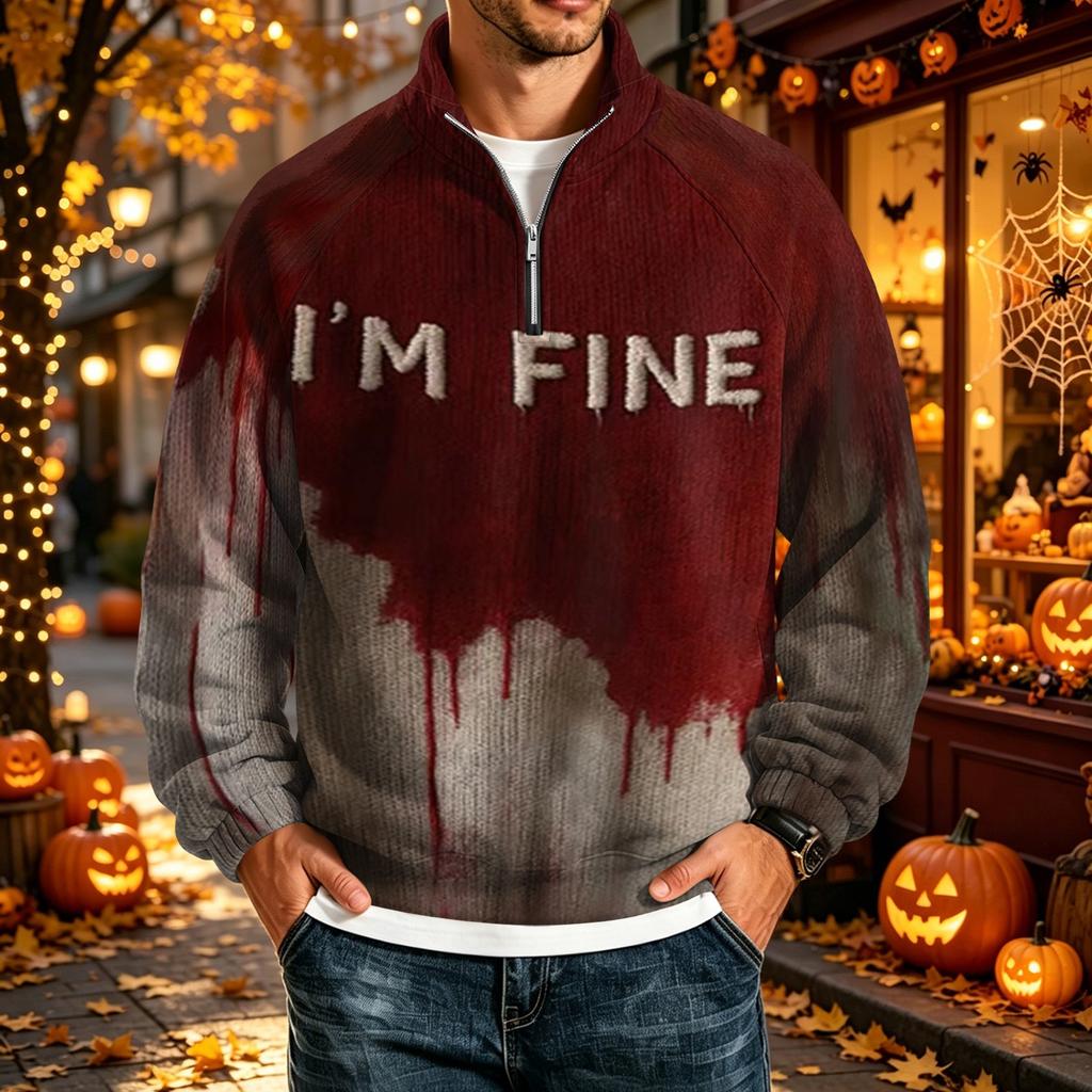 Men's Halloween Print Raglan Sweatshirt Loose Fit Stand Collar Casual Top