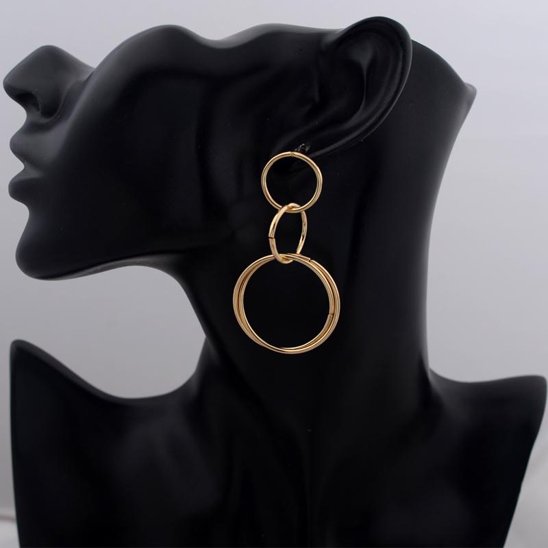 European Vintage Long Round Drop Earrings for Women Three Layer Hollow Circle Dangle Earrings Big Geometry Golden Jewelry