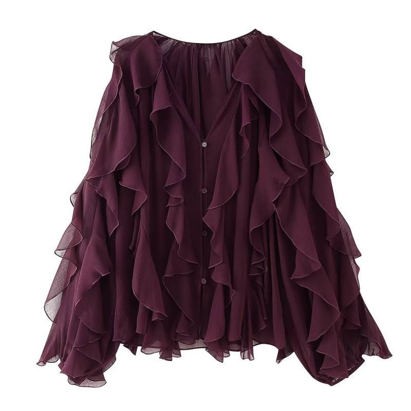 Womens V-Neck Layered Ruffle Pleated Blouse Loose Fit Street Style Long Sleeve Shirt In Solid Colors
