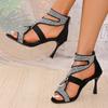 Fashion French Style Large Size Rhinestone Outerwear Thin Heel Sandals Summer New Fashion Women's Shoes Retro Fish Mouth Shape PU Materi