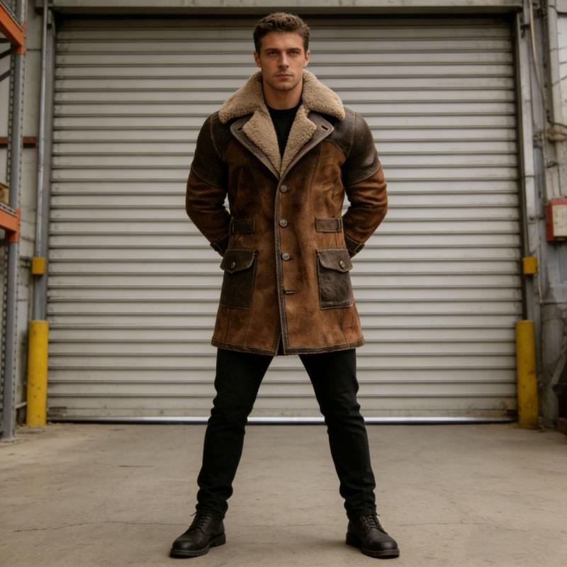 Mens Vintage Patchwork Suede Fleece Lined Thick Long Winter Jacket Coat