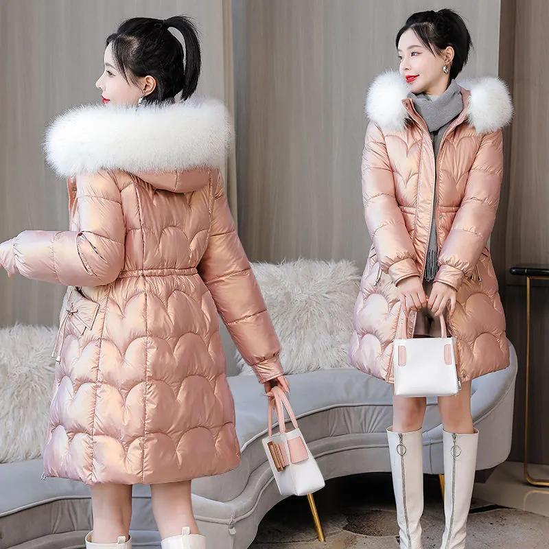 Winter Women Waist Cinching and Slimming Cotton Coat Thickened Padded Faux Fur Hood Outerwear Smooth Slim Fit Windproof Mid Length Hooded Down Coat