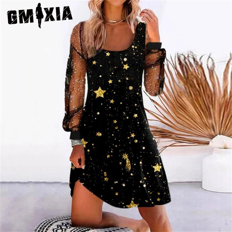 GMXIA Women's Fashion Spring Autumn Solid Color Print Long Sleeve U-Neck High Waist Casual Dresses