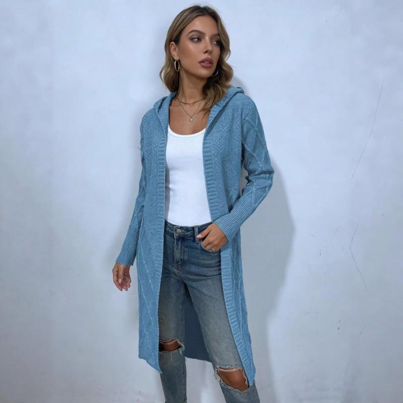 Womens Oversized Crochet Cable Knit Hooded Cardigan Long Sleeve Loose Fit Sweater In Solid Colors