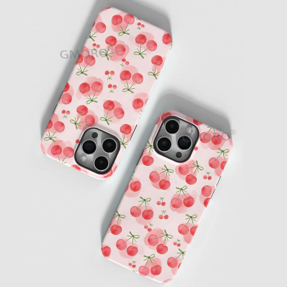 Explosive fresh and sweet cherry with magnetic suction iPhone16promax mobile phone case double-layer anti-drop protective case