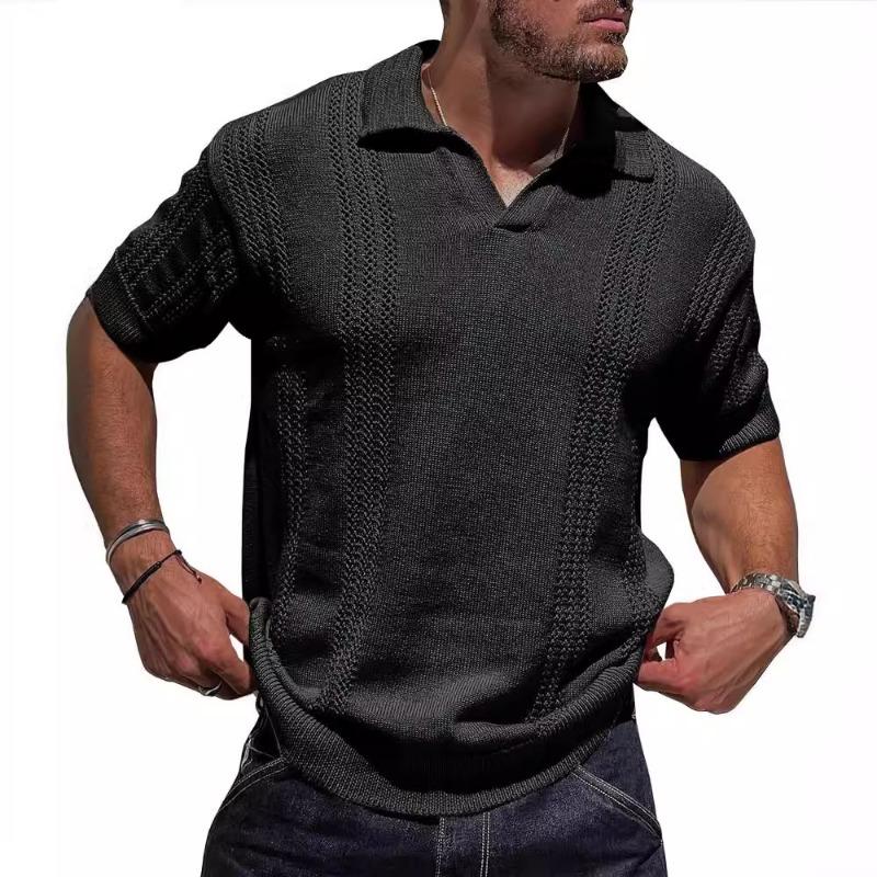 Men Hollow Out Knit Short Sleeve Polo Shirt Casual Top