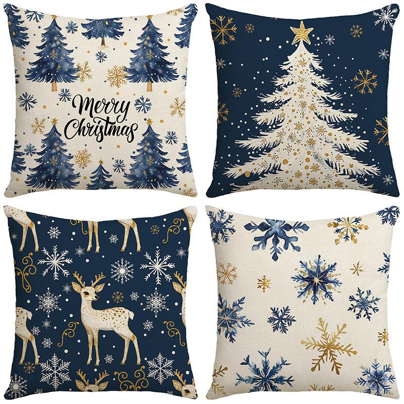 Blue Christmas Linen Material Elk Snowflake Element Pillowcase Home Bedroom Decoration Sofa Cushion