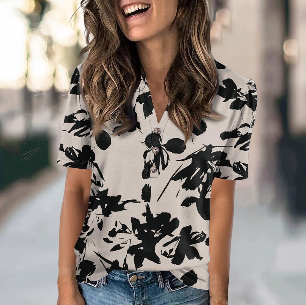 Hauts d'été pour femmes, mode décontractée avec imprimés floraux, col en V, manches courtes, t-shirt boutonné