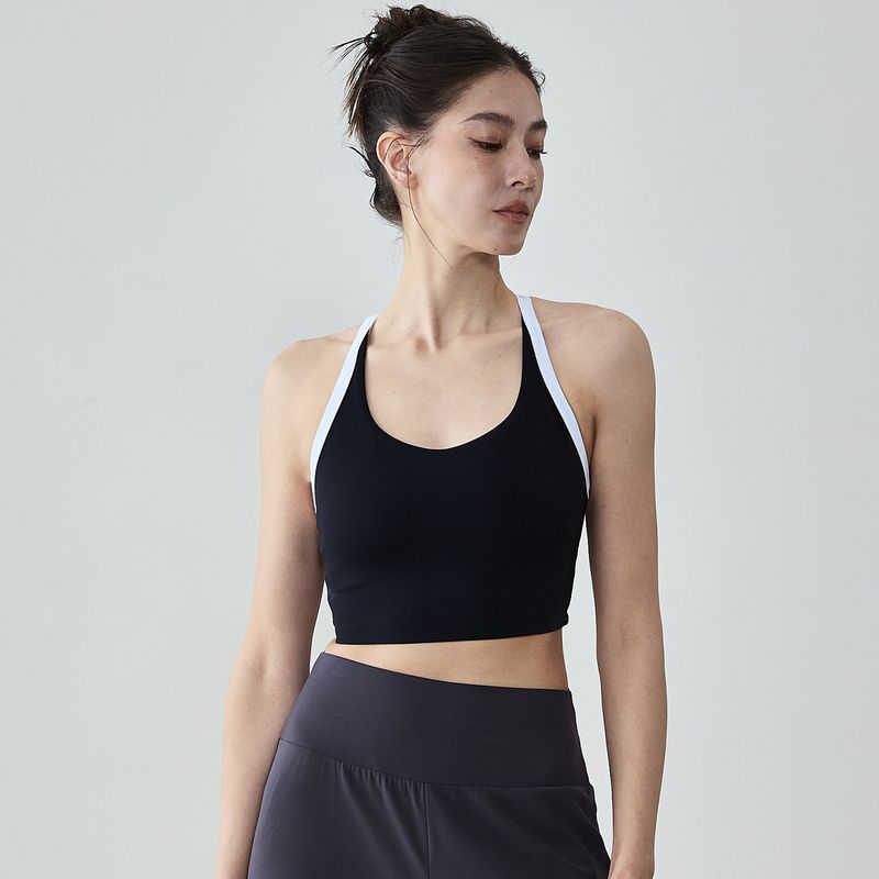 

New Arrival Contrast Color Sports Intimates Women s Halterneck Spaghetti Strap Beauty Back Fitness Bra Pilates Yoga Vest Bubble Wrap 10/XL Black Large Body Spin White Shoulder Strap