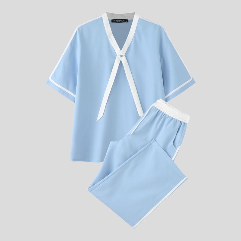 

INCERUN 2PCS Men V Neck Patchwork Short Sleeve Shirt Long Straight Pants Sets Outfits 4XL синий