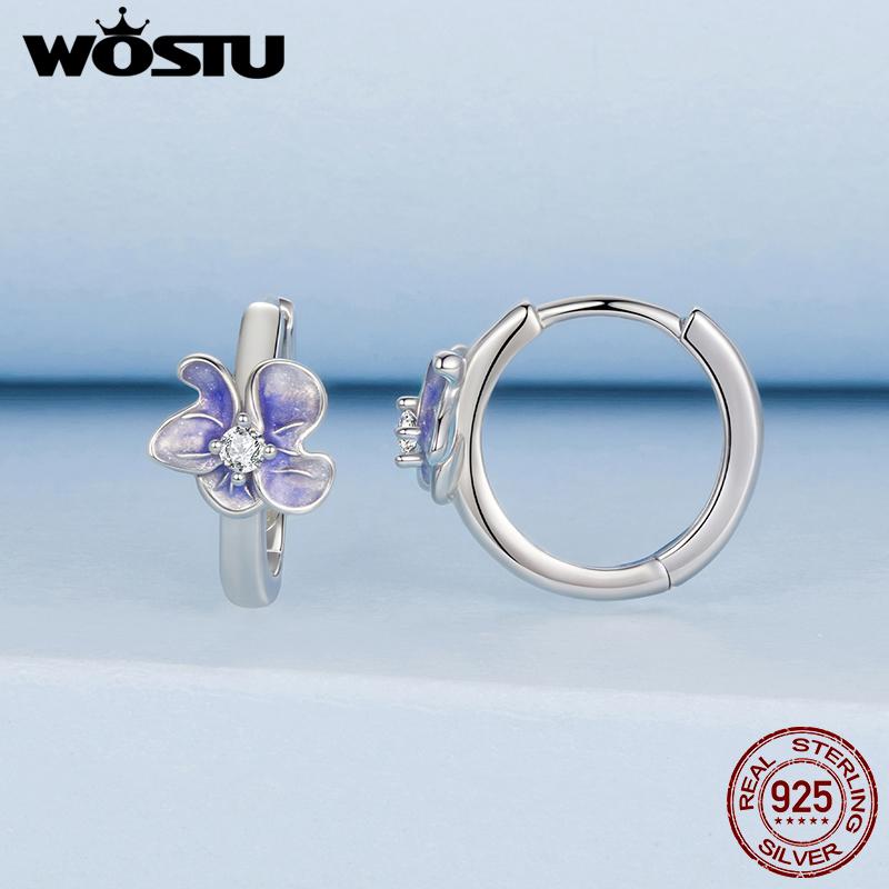 WOSTU 925 Sterling Silver Mystical Purple Flower Hoop Earrings For Women Wedding Engagement Luxury Drip Oil Iris Earring Gift