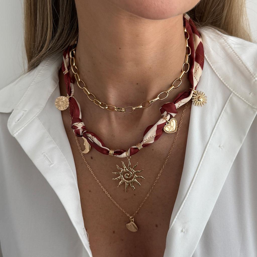 Ocean Vacation Style Starfish Conch Pendant Necklace, Creative Silk Scarf Stacked Collarbone Chain Necklace Women