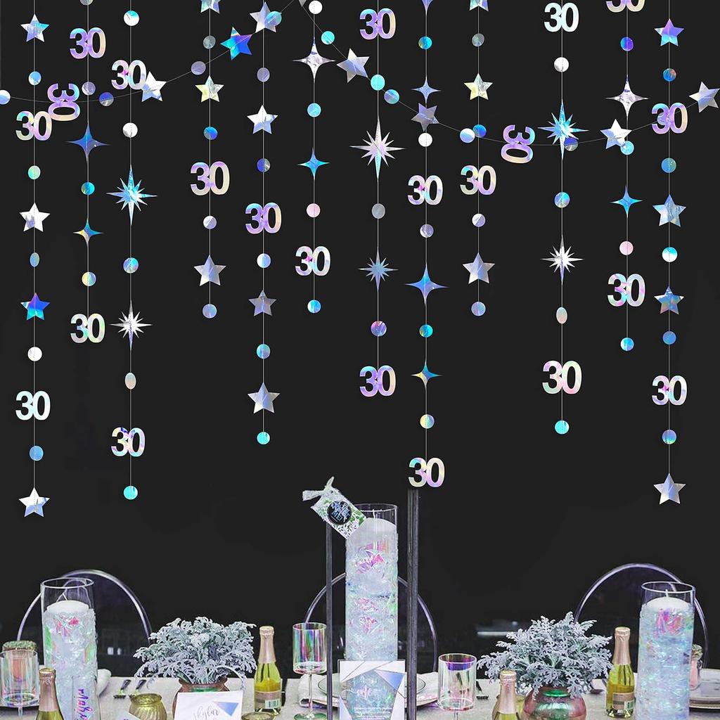 Black 30th Birthday Decorations Number 30 Circle Dot Twinkle Star Garland Metallic Hanging Streamer Bunting Banner Backdrop for Mens Womens Happy