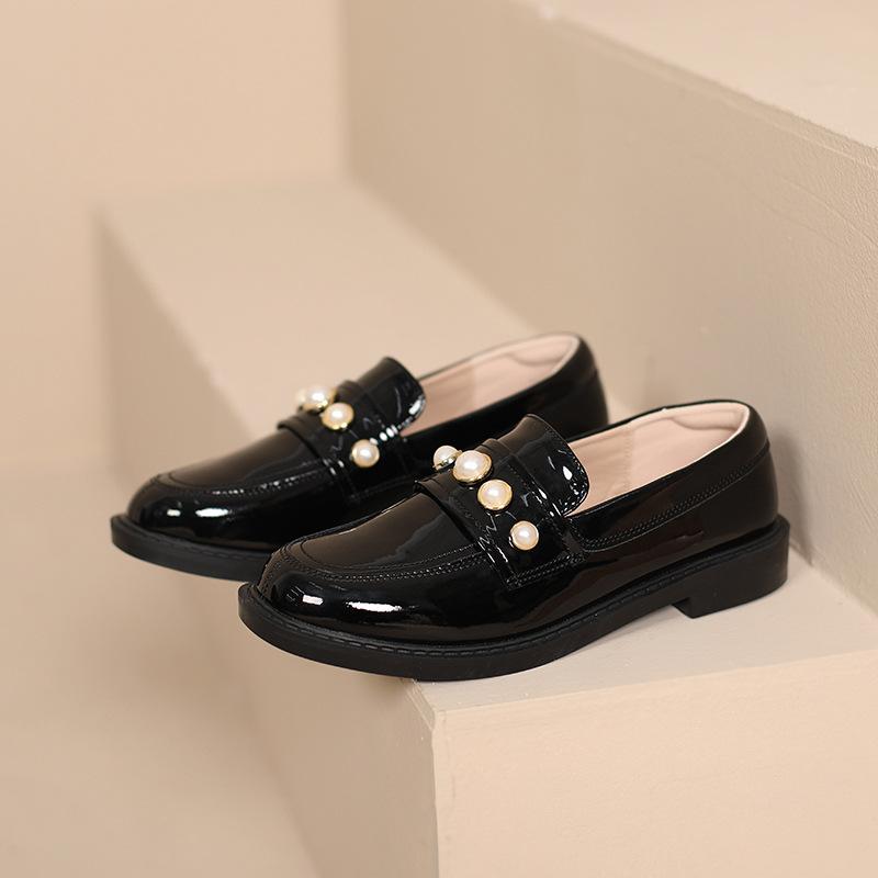 Fashion Elegant Ladies Pearl Beaded Small Leather Shoes Women Spring Fall Round Toe Flats Thick Heels Loafers Mujer Japanned Oxford 2025
