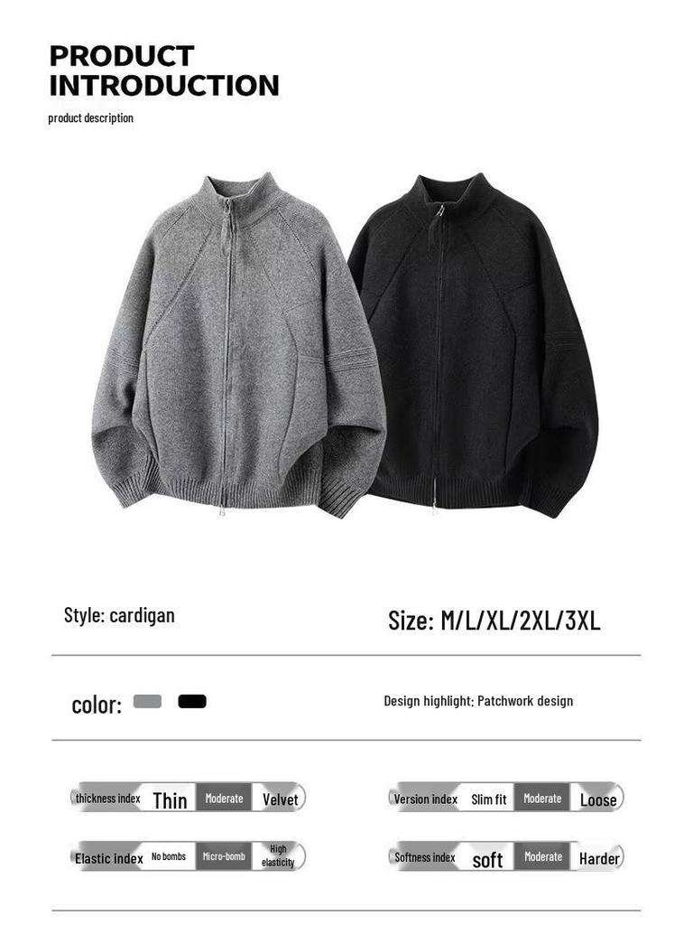 Men's Korean Style Double Zipper Knit Cardigan - Autumn/Winter Long Sleeve Casual Stand Collar Sweater