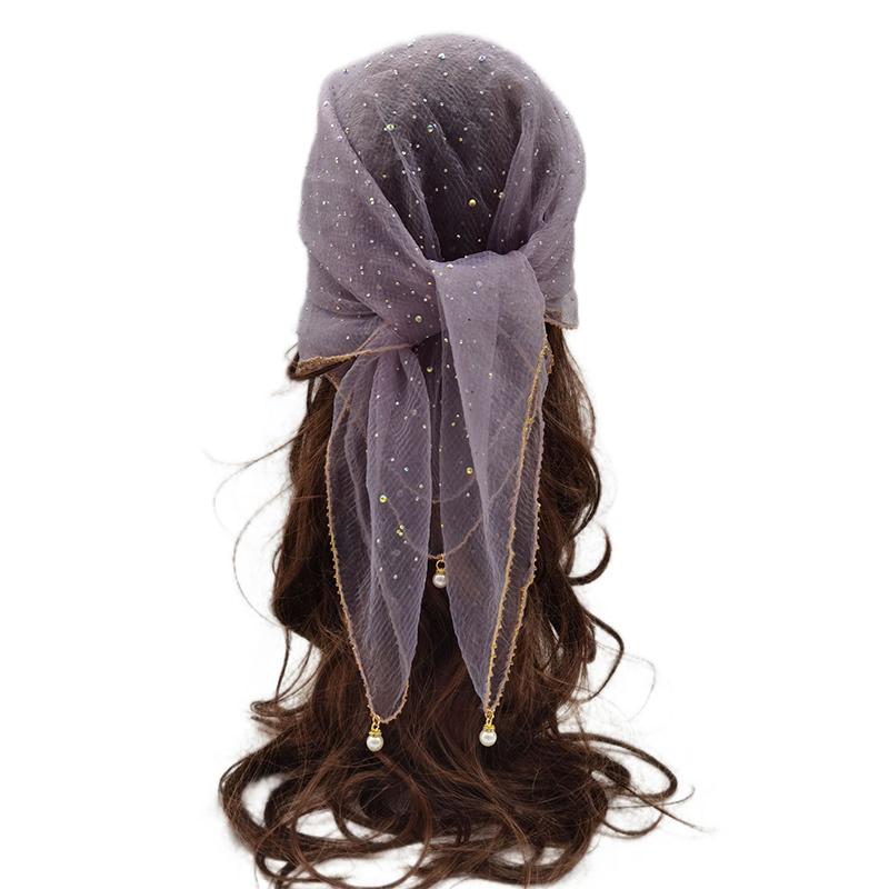 Versatile Pearl Tassel Rhinestone Square Scarf Lace Trim Hair Wrap Full Sky Star Headwrap Solid Color Breathable Fabric Scarf