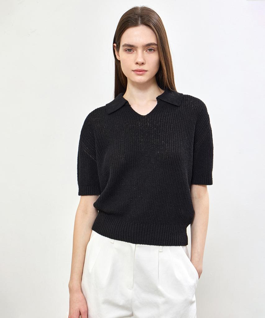 NOTIA Open Collar Knit Top - Black