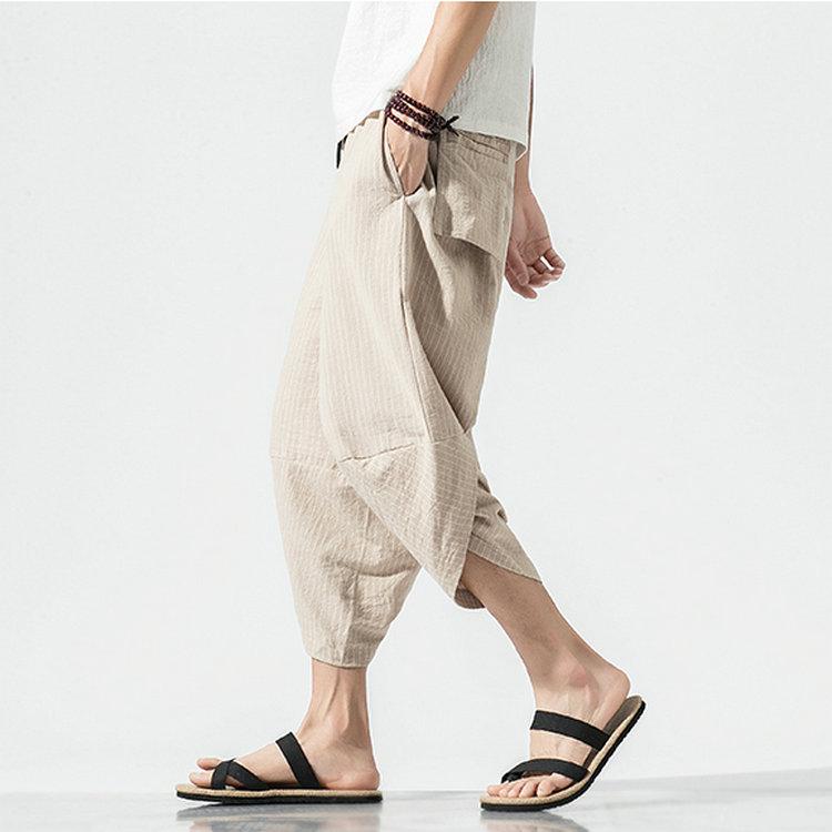 Harajuku Casual Wide Leg Harem Pants Men 2024 Summer Cotton Baggy Pants Striped Calf Length Trousers