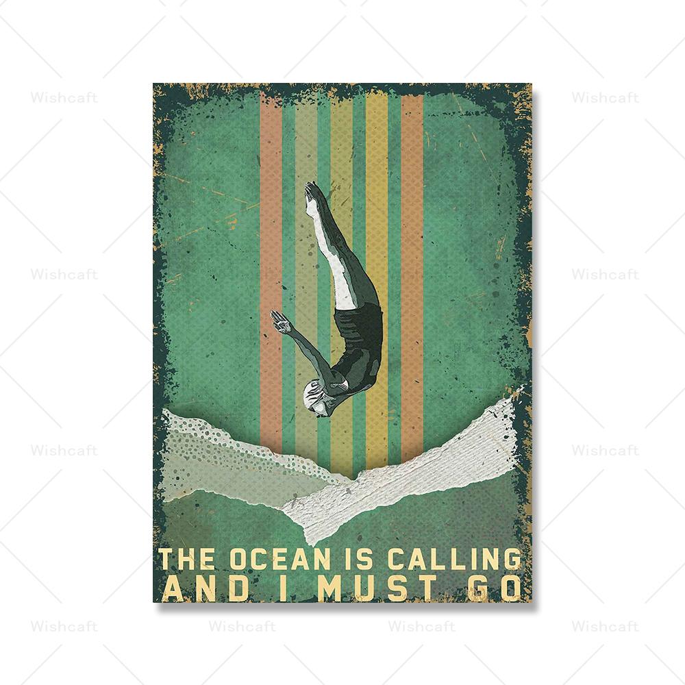 

Океан зовет, и я должен идти, плакат с принтом, винтажный постер, дайвер, пловец, настенная живопись на холсте, скандинавский домашний декор, картина 21x30cm No Framed