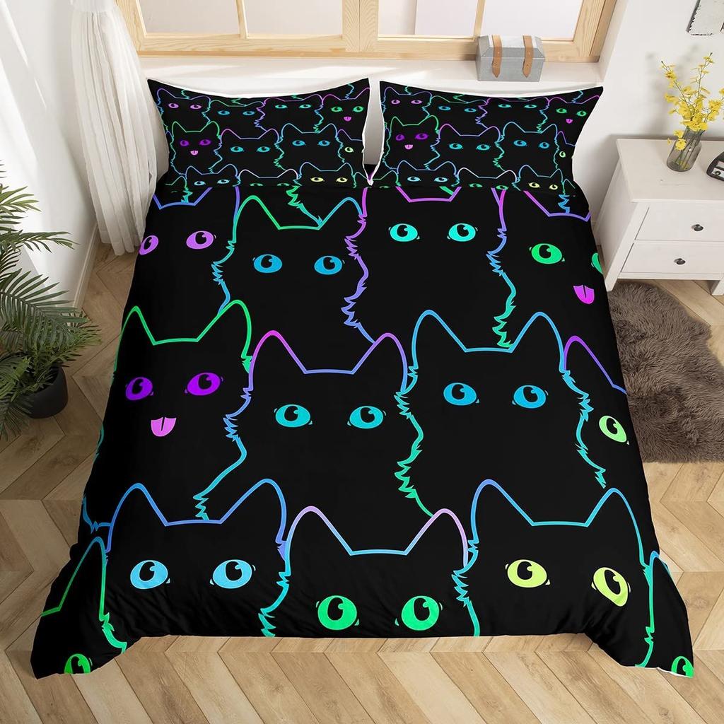 Cartoon Cat Bedding Set for Girls Boys Pet Cats Comforter Cover Cute Kitten Neon Light Duvet Cover Room Decor 3D Bedspread Cover