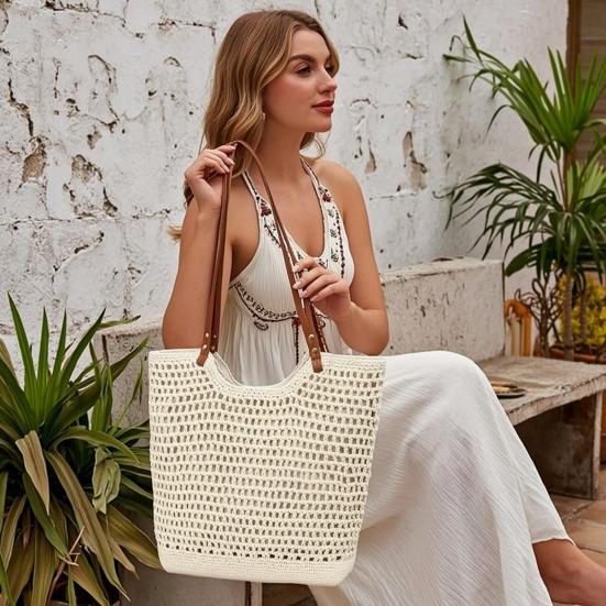 Crochet Shoulder Bag, Large Capacity Tote Bag, Lightweight Knit Handbag, Summer Beach Tote Purse for Women Holiday Commuting Daily Use