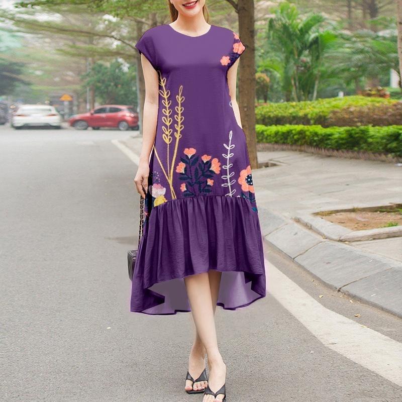ZANZEA Women Casual Round Neck Loose Casual Sleeveless Print Dress