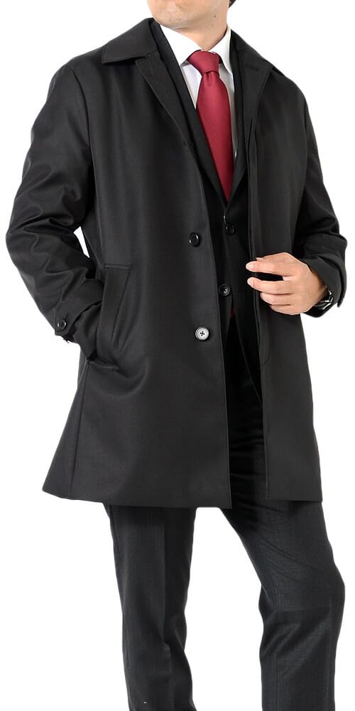 OUTLET FACTORY Bonded Trench Coat with Removable Padded Liner and Size M Men's Business-Style Water-Repellent Finish, Black,