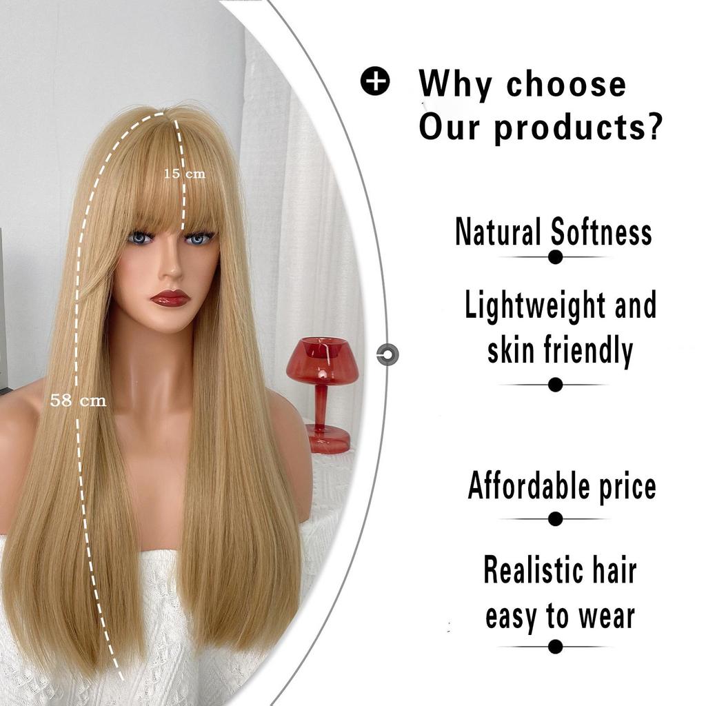 Women's 58cm Hair Simulation Hair Long Straight Hair Long Hair, Rose Hair Net Headwear Full Head Cover Natural and Realistic Wig
