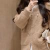 Women's French Retro Khaki Sweater Cardigan & Knit Shorts Set - Zipper Jacket Style for Autumn/Winter Casual Fashion.