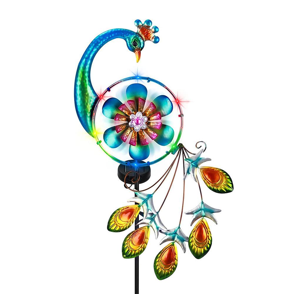 Waterproof Metal Peacock LED Solar Lights Decor Rainbow Wind Spinners Stake Windmill Pinwheels Insert Garden Yard Lawn