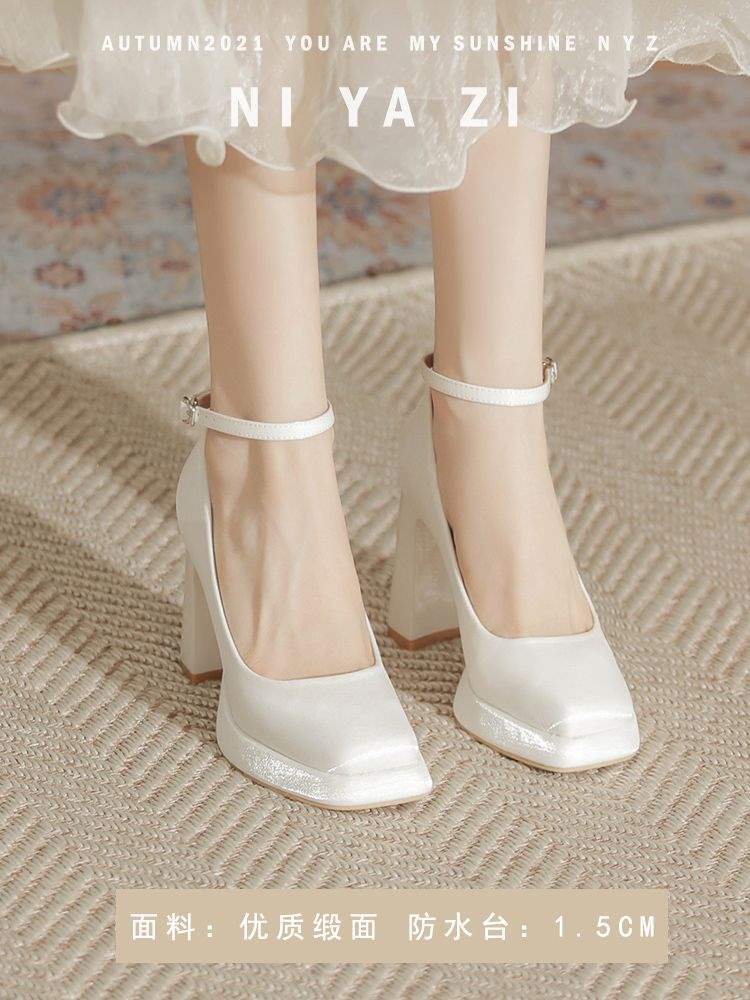 Waterproof table high heels women's thick heel satin Mary Jane wedding shoes Hexiu wedding dress two wear not tired feet button single shoes