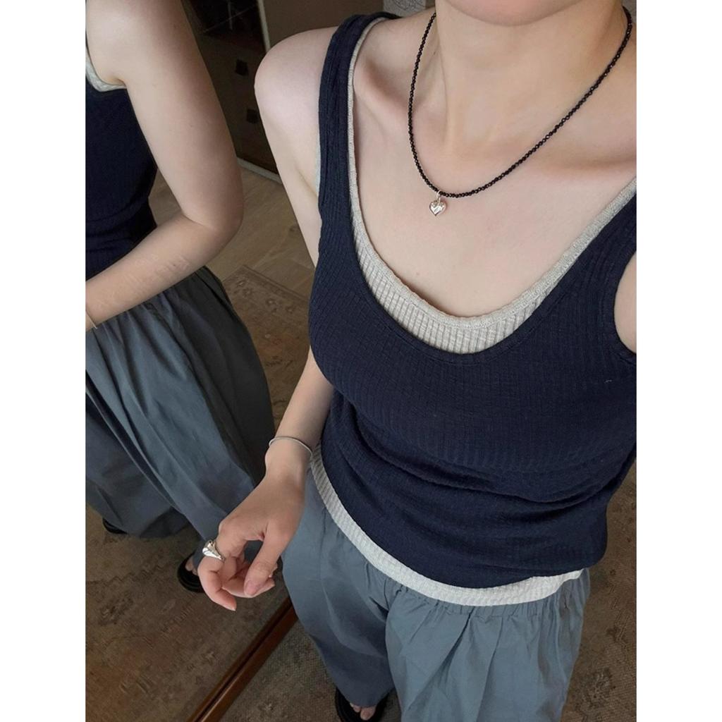 navy blue large neckline u-neck fake two-piece small suspender vest for women's summer wear knitted short sleeveless top
