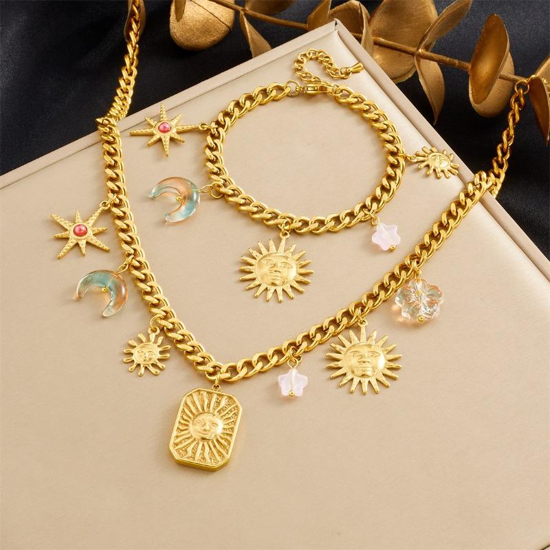 

Gold Plated Sun Moon Star Charm Jewelry Set Necklace and Bracelet for Women Stainless Steel with Crystal Beads золотой