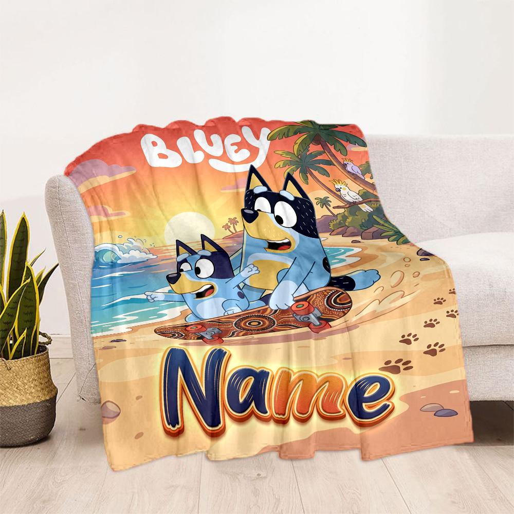 Bluey's Beach Adventure Customize Text Blanket Throw Personalized Blanket Warmthful Decor Perfect for Office Seaside Chair Office Chair All-Season Use