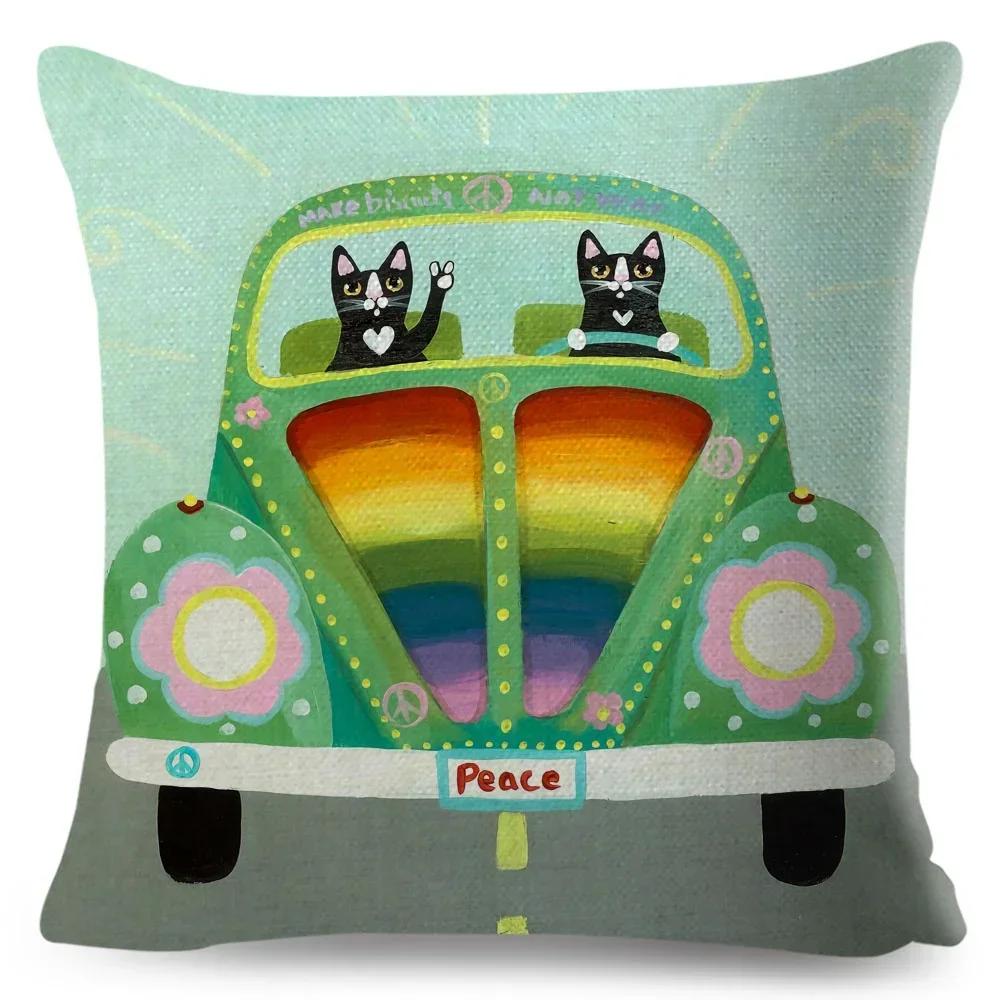 Cartoon Driving Car Cat Cushion Cover Decor Cute Pet Animal Pillowcase Polyester Pillow Case for Sofa Home Children Room